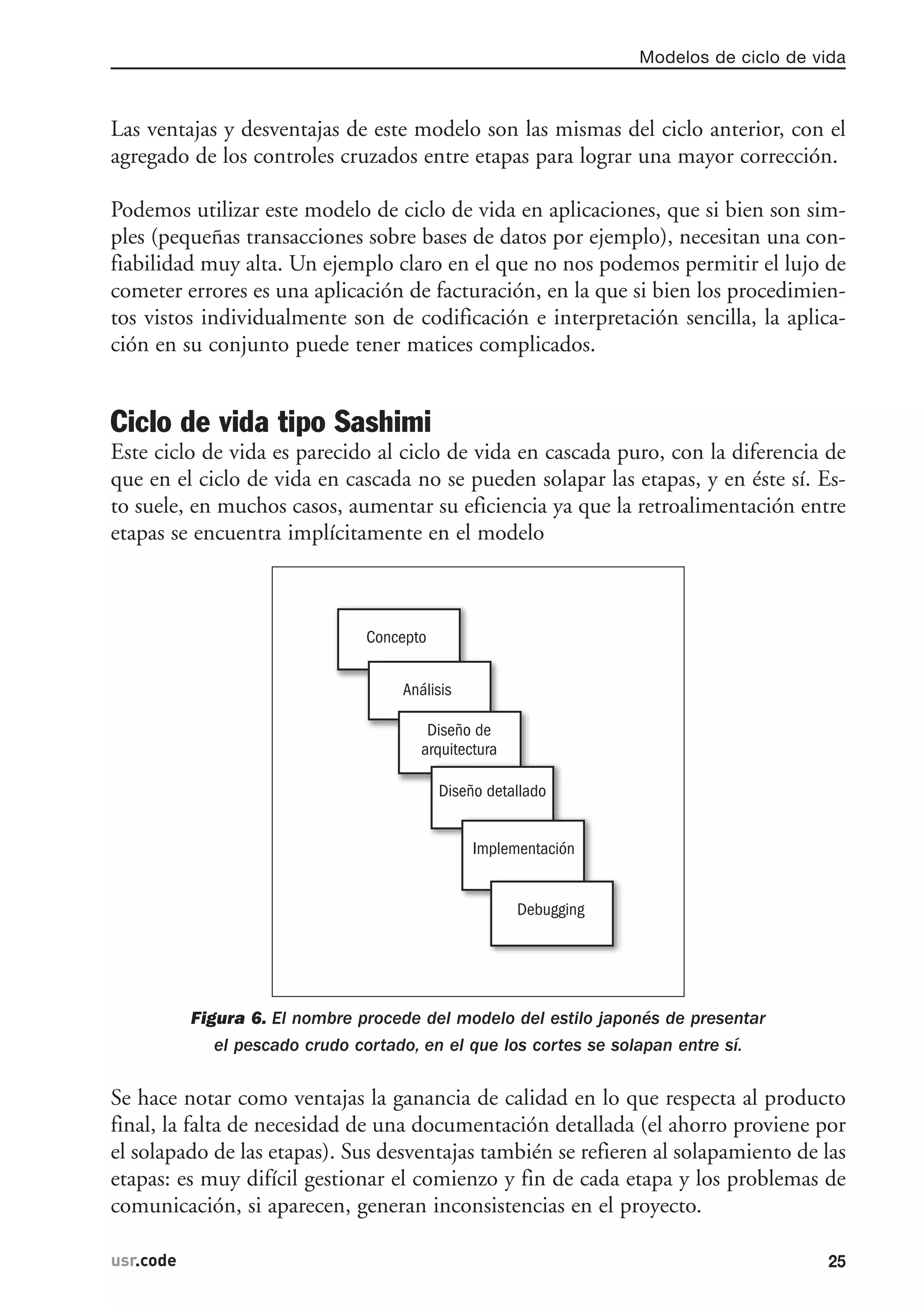 Las ventajas y desventajas de este modelo son las mismas del ciclo anterior, con el
agregado de los controles cruzados entre etapas para lograr una mayor corrección.
Podemos utilizar este modelo de ciclo de vida en aplicaciones, que si bien son sim-
ples (pequeñas transacciones sobre bases de datos por ejemplo), necesitan una con-
fiabilidad muy alta. Un ejemplo claro en el que no nos podemos permitir el lujo de
cometer errores es una aplicación de facturación, en la que si bien los procedimien-
tos vistos individualmente son de codificación e interpretación sencilla, la aplica-
ción en su conjunto puede tener matices complicados.
Ciclo de vida tipo Sashimi
Este ciclo de vida es parecido al ciclo de vida en cascada puro, con la diferencia de
que en el ciclo de vida en cascada no se pueden solapar las etapas, y en éste sí. Es-
to suele, en muchos casos, aumentar su eficiencia ya que la retroalimentación entre
etapas se encuentra implícitamente en el modelo
Figura 6. El nombre procede del modelo del estilo japonés de presentar
el pescado crudo cortado, en el que los cortes se solapan entre sí.
Se hace notar como ventajas la ganancia de calidad en lo que respecta al producto
final, la falta de necesidad de una documentación detallada (el ahorro proviene por
el solapado de las etapas). Sus desventajas también se refieren al solapamiento de las
etapas: es muy difícil gestionar el comienzo y fin de cada etapa y los problemas de
comunicación, si aparecen, generan inconsistencias en el proyecto.
Concepto
Análisis
Diseño de
arquitectura
Diseño detallado
Implementación
Debugging
Modelos de ciclo de vida
25usr.code
 