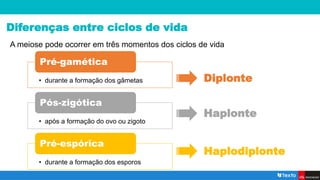 Diferenças entre ciclos de vida
A meiose pode ocorrer em três momentos dos ciclos de vida
• durante a formação dos gâmetas
Pré-gamética
• após a formação do ovo ou zigoto
Pós-zigótica
• durante a formação dos esporos
Pré-espórica
Diplonte
Haplonte
Haplodiplonte