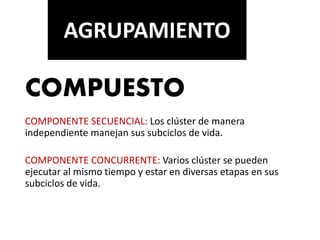 COMPUESTO
COMPONENTE SECUENCIAL: Los clúster de manera
independiente manejan sus subciclos de vida.
COMPONENTE CONCURRENTE: Varios clúster se pueden
ejecutar al mismo tiempo y estar en diversas etapas en sus
subciclos de vida.
AGRUPAMIENTO
 