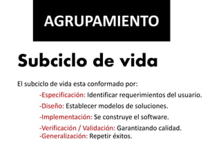 Subciclo de vida
El subciclo de vida esta conformado por:
-Especificación: Identificar requerimientos del usuario.
-Diseño: Establecer modelos de soluciones.
-Implementación: Se construye el software.
-Verificación / Validación: Garantizando calidad.
-Generalización: Repetir éxitos.
AGRUPAMIENTO
 