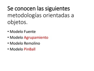 Se conocen las siguientes
metodologías orientadas a
objetos.
• Modelo Fuente
• Modelo Agrupamiento
• Modelo Remolino
• Modelo PinBall
 