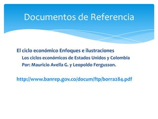 Documentos de Referencia


El ciclo económico Enfoques e ilustraciones
  Los ciclos económicos de Estados Unidos y Colombia
  Por: Mauricio Avella G. y Leopoldo Fergusson.

http://www.banrep.gov.co/docum/ftp/borra284.pdf
 