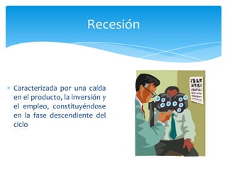 Recesión



Caracterizada por una caída
en el producto, la inversión y
el empleo, constituyéndose
en la fase descendiente del
ciclo
 