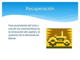 Recuperación


Fase ascendente del ciclo y
una de sus características es
la renovación del capital y el
aumento de la demanda de
bienes
 