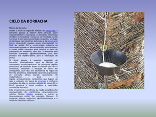 CICLO DA BORRACHA
O Ciclo da Borracha
Desde o início da segunda metade do século XIX, a
borracha passou a exercer forte atração sobre
empreendedores visionários. A atividade extrativista
do látex na Amazônia revelou-se, de imediato, muito
lucrativa. A borracha natural logo conquistou um lugar
de destaque nas indústrias da Europa e da América do
Norte, alcançando elevado preço internacional, no
final do século XIX a recém-criada indústria de
automóveis estava em plena expansão, as empresas e
a classe média correram para adquirir o meio de
transporte do momento, com isso, a demanda pela
borracha aumentou significativamente, pois este
produto era matéria-prima para a fabricação de
pneus.
O Brasil passou a exportar toneladas de
borracha, principalmente para as fábricas de
automóveis norte-americanas. As principais regiões
produtoras de borracha eram os estados do Pará e
Amazonas, utilizando a extração do látex das
seringueiras, que havia em abundância na região da
floresta amazônica, esta rápida expansão da produção
de borracha atraiu grande quantidade de
trabalhadores
para
a
região, principalmente, nordestinos que fugiam da
seca e estavam em busca de emprego e melhores
condições de vida, na primeira década do século XX, o
Brasil tornou-se o maior produtor e exportador
mundial de borracha.
Este crescimento econômico da região amazônica foi
acompanhado de significativo desenvolvimento
urbano. Muitas cidades surgiram e outras se
desenvolveram como, por exemplo, Manaus.. O
comércio interno aumentou significativamente e a
renda dos habitantes melhorou.

 