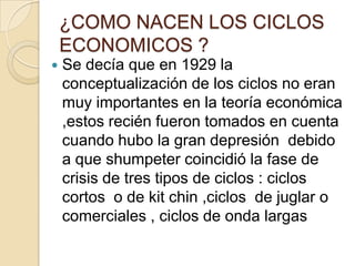 ¿COMO NACEN LOS CICLOS
ECONOMICOS ?


Se decía que en 1929 la
conceptualización de los ciclos no eran
muy importantes en la teoría económica
,estos recién fueron tomados en cuenta
cuando hubo la gran depresión debido
a que shumpeter coincidió la fase de
crisis de tres tipos de ciclos : ciclos
cortos o de kit chin ,ciclos de juglar o
comerciales , ciclos de onda largas

 