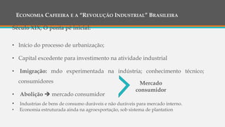 ECONOMIA CAFEEIRA E A “REVOLUÇÃO INDUSTRIAL” BRASILEIRA
Século XIX, O ponta pé inicial:
• Início do processo de urbanização;
• Capital excedente para investimento na atividade industrial
• Imigração: mdo experimentada na indústria; conhecimento técnico;
consumidores
• Abolição  mercado consumidor
• Industrias de bens de consumo duráveis e não duráveis para mercado interno.
• Economia estruturada ainda na agroexportação, sob sistema de plantation
Mercado
consumidor
 