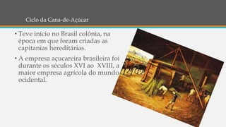 Ciclo da Cana-de-Açúcar
• Teve início no Brasil colônia, na
época em que foram criadas as
capitanias hereditárias.
• A empresa açucareira brasileira foi
durante os séculos XVI ao XVIII, a
maior empresa agrícola do mundo
ocidental.
 