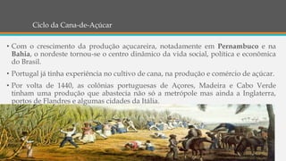 Ciclo da Cana-de-Açúcar
• Com o crescimento da produção açucareira, notadamente em Pernambuco e na
Bahia, o nordeste tornou-se o centro dinâmico da vida social, política e econômica
do Brasil.
• Portugal já tinha experiência no cultivo de cana, na produção e comércio de açúcar.
• Por volta de 1440, as colônias portuguesas de Açores, Madeira e Cabo Verde
tinham uma produção que abastecia não só a metrópole mas ainda a Inglaterra,
portos de Flandres e algumas cidades da Itália.
 