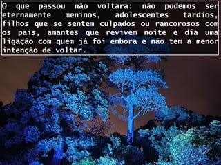 O que passou não voltará: não podemos ser
eternamente   meninos,   adolescentes   tardios,
filhos que se sentem culpados ou rancorosos com
os pais, amantes que revivem noite e dia uma
ligação com quem já foi embora e não tem a menor
intenção de voltar.
 