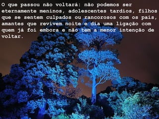 O que passou não voltará: não podemos ser eternamente meninos, adolescentes tardios, filhos que se sentem culpados ou rancorosos com os pais, amantes que revivem noite e dia uma ligação com quem já foi embora e não tem a menor intenção de voltar.  