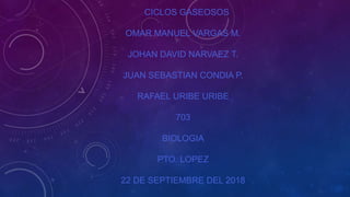 CICLOS GASEOSOS
OMAR MANUEL VARGAS M.
JOHAN DAVID NARVAEZ T.
JUAN SEBASTIAN CONDIA P.
RAFAEL URIBE URIBE
703
BIOLOGIA
PTO. LOPEZ
22 DE SEPTIEMBRE DEL 2018
 