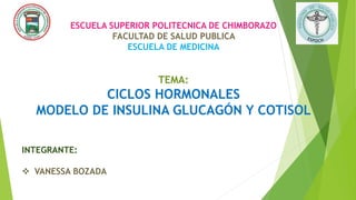 ESCUELA SUPERIOR POLITECNICA DE CHIMBORAZO
FACULTAD DE SALUD PUBLICA
ESCUELA DE MEDICINA
TEMA:
CICLOS HORMONALES
MODELO DE INSULINA GLUCAGÓN Y COTISOL
INTEGRANTE:
 VANESSA BOZADA
 