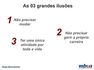 As 03 grandes ilusões


1   Não precisar
      mudar

                       2    Não precisar
                           gerir a própria
3      Ter uma única
       atividade por
                              carreira

        toda a vida
 