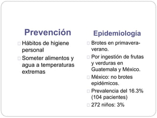 Prevención Epidemiología
Hábitos de higiene
personal
Someter alimentos y
agua a temperaturas
extremas
Brotes en primavera-
verano.
Por ingestión de frutas
y verduras en
Guatemala y México.
México: no brotes
epidémicos.
Prevalencia del 16.3%
(104 pacientes)
272 niños: 3%
 