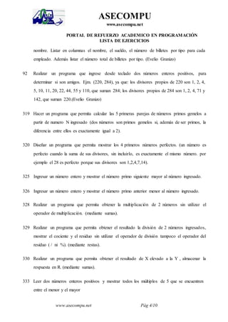 www.asecompu.net Pág 4/10
ASECOMPU
www.asecompu.net
PORTAL DE REFUERZO ACADEMICO EN PROGRAMACIÓN
LISTA DE EJERCICIOS
nombre. Listar en columnas el nombre, el sueldo, el número de billetes por tipo para cada
empleado. Además listar el número total de billetes por tipo. (Evelio Granizo)
92 Realizar un programa que ingrese desde teclado dos números enteros positivos, para
determinar si son amigos. Ejm. (220, 284), ya que: los divisores propios de 220 son 1, 2, 4,
5, 10, 11, 20, 22, 44, 55 y 110, que suman 284; los divisores propios de 284 son 1, 2, 4, 71 y
142, que suman 220.(Evelio Granizo)
319 Hacer un programa que permita calcular las 5 primeras parejas de números primos gemelos a
partir de numero N ingresado (dos números son primos gemelos si, además de ser primos, la
diferencia entre ellos es exactamente igual a 2).
320 Diseñar un programa que permita mostrar los 4 primeros números perfectos. (un número es
perfecto cuando la suma de sus divisores, sin incluirlo, es exactamente el mismo número. por
ejemplo el 28 es perfecto porque sus divisores son 1,2,4,7,14).
325 Ingresar un número entero y mostrar el número primo siguiente mayor al número ingresado.
326 Ingresar un número entero y mostrar el número primo anterior menor al número ingresado.
328 Realizar un programa que permita obtener la multiplicación de 2 números sin utilizar el
operador de multiplicación. (mediante sumas).
329 Realizar un programa que permita obtener el resultado la división de 2 números ingresados,
mostrar el cociente y el residuo sin utilizar el operador de división tampoco el operador del
residuo ( / ni %). (mediante restas).
330 Realizar un programa que permita obtener el resultado de X elevado a la Y , almacenar la
respuesta en R. (mediante sumas).
333 Leer dos números enteros positivos y mostrar todos los múltiplos de 5 que se encuentren
entre el menor y el mayor
 