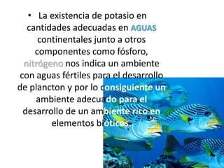 • La existencia de potasio en
cantidades adecuadas en AGUAS
continentales junto a otros
componentes como fósforo,
nitrógeno nos indica un ambiente
con aguas fértiles para el desarrollo
de plancton y por lo consiguiente un
ambiente adecuado para el
desarrollo de un ambiente rico en
elementos bióticos.
 