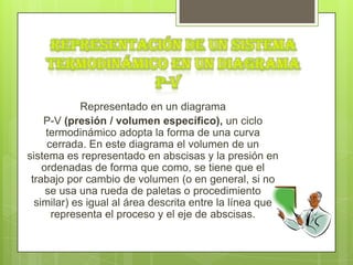 Representado en un diagrama
    P-V (presión / volumen específico), un ciclo
     termodinámico adopta la forma de una curva
     cerrada. En este diagrama el volumen de un
sistema es representado en abscisas y la presión en
    ordenadas de forma que como, se tiene que el
 trabajo por cambio de volumen (o en general, si no
     se usa una rueda de paletas o procedimiento
  similar) es igual al área descrita entre la línea que
      representa el proceso y el eje de abscisas.
 