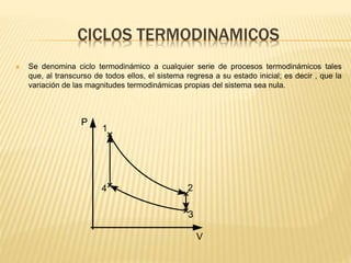 CICLOS TERMODINAMICOS
 Se denomina ciclo termodinámico a cualquier serie de procesos termodinámicos tales
que, al transcurso de todos ellos, el sistema regresa a su estado inicial; es decir , que la
variación de las magnitudes termodinámicas propias del sistema sea nula.
 