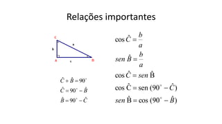 Relações importantes
C
B
B
C
B
C
ˆ
90
ˆ
ˆ
90
ˆ
90
ˆ
ˆ









)
ˆ
(90
cos
B̂
)
ˆ
(90
sen
Ĉ
cos
B̂
ˆ
cos
ˆ
ˆ
cos
B
sen
C
sen
C
a
b
B
sen
a
b
C









 