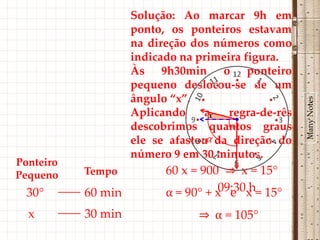 Solução: Ao marcar 9h em
                    ponto, os ponteiros estavam
                    na direção dos números como
                    indicado na primeira figura.
                    Às 9h30min o ponteiro
                    pequeno deslocou-se de um
                    ângulo “x”.




                                                   Many Notes
                    Aplicando    ax regra-de-rês
                    descobrimos quantos graus
                                  α
                    ele se afastou da direção do
                    número 9 em 30 minutos.
Ponteiro
Pequeno    Tempo          60 x = 900 ⇒ x = 15°
  30°      60 min                   09:30 h
                          α = 90° + x e x = 15°
  x        30 min              ⇒ α = 105°
 