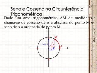 Seno e Cosseno na Circunferência
   Trigonométrica
Dado um arco trigonométrico AM de medida α,
chama-se de cosseno de α a abscissa do ponto M e
seno de α a ordenada do ponto M.




                                               Many Notes
                         •    M
                              •
                     sen α
                            α      A
                 •       •cos α   •


                         •
 