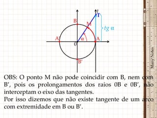 t
                                    •T
                       B
                        •       M
                                •        tg α
                 A’         α        A
                  •    0•           •




                                                 Many Notes
                        •B’


OBS: O ponto M não pode coincidir com B, nem com
B’, pois os prolongamentos dos raios 0B e 0B’, não
interceptam o eixo das tangentes.
Por isso dizemos que não existe tangente de um arco
com extremidade em B ou B’.
 