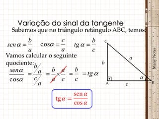 Variação do sinal da tangente
  Sabemos que no triângulo retângulo ABC, temos:
        b              c          b
sen           cos      tg  
                                      C

        a              a          c




                                                          Many Notes
Vamos calcular o seguinte                         a
quociente:                            b
            b
 sen     a  b  a  b  tg 
                                                     α
 cos   c     a c     c
          a                               A   c           B
 