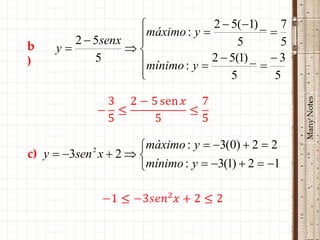              2  5(1) _ 7
        2  5senx  máximo : y 
                                      5
                                              
                                                5
b    y           
)           5      mínimo : y  2  5(1) _   3
                   
                                    5         5




                                                    Many Notes
                     máximo : y  3(0)  2  2
c) y  3sen x  2  
            2

                     mínimo : y  3(1)  2  1
 