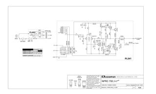 A numeração dos integrados é feita da
esquerda para direita (na maior dimen-
são da placa) e de cima para baixo.
ARQUIVO:..NPRC700S_V1.DSN
I N D Ú S T R I A E L E T R Ô N I C A L T D A.
2SC5200
CIRCUITO: POWER / FONTE* A corrente quiescente deve ser medida
sobre um dos resistores de 0.47Rx5W,
estando o aparelho com carga e sem
sinal de entrada.
Todos resistores são de 1/4 W e todos
capacitores eletrolíticos são de 25V,
exceto aqueles com indicação.
O ajuste de 0V deverá ser feito no
jack de saída, estando o aparelho sem
carga e sem sinal de entrada, para
aproximadamente 0Vdc.
FOLHA: 03/03
4-23
620R
12K
0.47Rx5W
100Rx1W
3x1N4002
47Kx100V
2SC2688L
8 x 1N4002
10Rx1W
1K2
GND
GND
GND
10Rx1W
680pF
2SC5200
100uFx50V
Tweeter
1K
1N4002
3300uF
x63V
1K5x1W
18V
100K
220R
33Rx10W
GND
3K3x1W
TIP29C
470K
4R7
3300uF
x63V
x500V
100Kx100V
AJUSTEOV
270Rx5W
GND
100pF
2.2uFx250V
FLAT 2 470R
22K
390R
2xBC640C
47uFx63V
100R
2SC5200
6R8
22K
AC
82R
+B1
ALTO-FALANTE
-B1
680pF
0.47Rx5W
10uF
TIP30C
100pFx500V
2K7x1W
x500V
47uF
AC
100K
POWER IN
GND
TIP30C
BC 640
TIP29A
2SC2688L
PL541
8OHMS
470Rx10W
560Rx10W
VISTA
FRONTAL
NPRC 700
x100Vx100V
110V - 2A
220V - 1A
TNPRC700S
V1
- 49.0 Vdc
POT. MÁX.
CORRENTE QUIESCENTE
+ 49.0 Vdc
41.4 VacTENSÃO DO TRAFO
4 mA ( 2 mV DC)*
REPOUSO
- 57.3 Vdc
TENSÃO DA FONTE (+B) + 57.3 Vdc
TENSÃO DA FONTE (-B)
17AWG
2K2x500V
110V
PLA007
REDE
GND
AC
10Kx1000V
220V
AC
2x
DATA:17/06/2003
B C E
B ECCBE
BCE
5
8
6
3
4
7
2
1
+
+
+
+
+
+
 