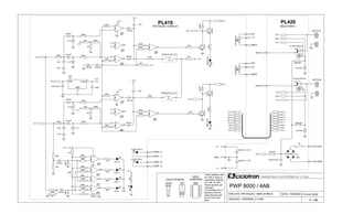 ARQUIVO:..PWP8000_V1.DSN
FOLHA: 02/02
VISTA FRONTAL
I N D Ú S T R I A E L E T R Ô N I C A L T D A.
Todos resistores são
de 1/4W e todos os
capacitores eletrolíti-
cos são de 25V,
exceto aqueles com
indicação.
CIRCUITO: PROTEÇÃO / DISPLAY/RELE
PWP 8000 / 4AB
PROTEÇÃO / DISPLAY
BC549 39007815
VISTA
SUPERIOR
VOLUMECHB
OUTCHA
RELÊ-FONTE
OUTCHB
PL420
1 - 14
1
PL419
3
2
VOLUMECHA
BC337
DATA: 17/06/2003
02/04
04/04
04/04
04/04
04/04
03/04
03/04
03/04
03/04
01/04
01/04
01/04
01/04
A numeração dos in-
tegrados é feita da
esquerda para direi-
ta e de cima para
baixo.
+ 15 V
CBE
4
3
2
1
11
12
13
14
10
87
6
5
9
1 2 3
+ 15 V
+ 15 V
+ 15 V
+ 15 V
+ 15 V
+ 15 V
+ 15 V
+ 15 V
+ 15 V
+ 15 V
-
2
3
+
4
3900
3
2
4
+
100uFx40V
2K2
22K
100K
100K
-
2
3
+
4
3900
3
2
4
1N4148
100K
100K
100K
100K
+
47uF
+47uF
1N4002
1K
100K
100K
+ OUT
TEMP/DCA
2K2
68K
5KB
-
12
11
+
10
3900
11
12
10
100K
-
12
11
+
10
3900
11
12
10
100K
+
2200uFx40V
- OUTHAT901CSDC24
3
5
4
1
2
100K
BC549
100K
+ 22000uF x 110V
100K
1K5
OVERLOAD A
100K
1N4148
24Vx3W
-
+1
6
5
14
7
3900
100K
12K
4V7
100K
OVERLOAD B
-
12
11
+
10
3900
11
12
10
4V7
CLIP B
100K
4K7
3A
+
10uF
1N4148
TEMP/DCB
100Rx2W
1N4148
1N4002
-
2
3
+
4
3900
3
2
4
1N4148
220K
1N4148
22K
8
9
13
-
+
3900
13
9
8
4V7
1K5
24Vx3W
1K91
- OUT
1N4148
100K
TERMOSTATO CH A
100K
CLIP A
4K7
220K
4V7
100K
10K
9K53
5KB
1N4148
1N4148
-+
4x1N4001
9K53
100K
+ 22000uF x 110V
1N4148
100K
3K3
1N4148
1N4148
TERMOSTATO CH B
47Rx5W
HAT901CSDC24
3
5
4
1
2
+47uF
SIG A
BC337
220K
100K
10K
ON
-
+1
6
5
14
7
3900
-
+1
6
5
14
7 3900
220K
+ 10uF
100K
3K3
BC549
10K
1N4148
VIN V OUT
GND
7815
3K3
1K91
100Rx2W
8
9
13
-
+
3900
13
9
8
8
9
13
-
+
3900
13
9
8
100K
+ OUT
SIG B
+
47uF
BC337
12K
OVER+ A
OVER- A
OVER+ B
OVER- B
OUTB
OUTA
AC AUX1
AC AUX2
+V
GND
-V
WA
GNDA
GNDB
W B
1 B
1 A
CH B (8)
RL B (7)
24V B (6)
24V A (5)
CH A (1)
RL A (4)
GND (3)
VDC (2)
(4) RL A
(3) GND
(7) RL B
(8) CH B
(5) 24V A
(2) VDC
(6) 24V B
(1) CH A
24V B
RL B
24V A
RL A
CH B
CH A
VDC
24V B
RL B
RL A
24V A
CH A
VDC
CH B
 
