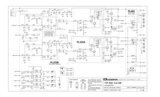 ARQUIVO:..TIP600_AB4_V1.DSN
FOLHA: 02/02
VISTA FRONTAL I N D Ú S T R I A E L E T R Ô N I C A L T D A.
CIRCUITO: PROTEÇÃO / DISPLAY
TIP 600 4 AB
PL322A
PROTEÇÃO / DISPLAY
BC549 39007815
VISTA
SUPERIOR
01/04
VOLUMECHAVOLUMECHB
2nd GENERATION
OUTCHA
RELÊ-FONTE
CH A / CH B
OUTCHB
PL494
1
2
3
PL323B
1 - 12
DATA: 17/06/2003
01/04
01/04
01/04
02/04
03/04
03/04
03/04
03/04
BC337
04/04
04/04
04/04
04/04
A numeração dos inte-
grados é feita da es-
querda para direita e
de cima para baixo.
* Os termostatos são normalmente
abertos.
A numeração dos integrados é
feita da esquerda para direita e
de cima para baixo.
Todos resistores são de 1/4W e
todos os capacitores eletrolíticos
são de 25V, exceto aqueles com
indicação.
+ 15 V
+ 15 V
+ 15 V
+ 15 V
+ 15 V
+ 15 V
+ 15 V
+ 15 V
+ 15 V
CBE
4
3
2
1
11
12
13
14
10
87
6
5
9
1 2 3
+ 15 V
+ 15 V
+ OUT
+
100uFx40V
1K2
-
2
3
+
4
3900
BC549
22K
1N4148
100K
680R
BC549
100K
-
2
3
+
4
3900
1N4148
1N4148
100K
100K
47K
1M
4V7
+
47uF
100K
1N4001
+
47uF
1K
100K
+ OUT
TEMP/DCA
1K2
100K
47K
33K
1M
47K
5KB
1N4148
47K
47K
33K
-
12
11
+
10
3900
100K
22K
100K
-
12
11
+
10
3900
+
2200uFx40V
- OUT
ZF112024
3
5
4
1
2
1N4148
1N4148
BC549
100K
100K
100K
1K5
OVERLOAD A
1K
1N4148
24Vx3W
1N4148
4K7
-
+1
6
5
14
7
3900
OVERLOAD B
4V7
100K
12K
-
12
11
+
10
3900
CLIP B
4V7
1M
10K
1N4148
3A
1N4148
+
1uF
TEMP/DCB
100Rx2W
1N4148
390R
TERMOSTATO CH B *
680R
68K
1N4001
1N4148
-
2
3
+
4
3900
1N4148
1N4148
33K
220K
1N4148
1K2
1N4148
1N4002
22K
68K
8
9
13
-
+
3900
+
4,7uF
4V7
1K5
24Vx3W
2K2
- OUT
390R
1N4148
100K
TERMOSTATOCHA*
100K
CLIP A
47K
220K
1K
4V7
100K
4V7
6K8
5KB
1N4148
1N4148
+
4,7uF
-+
4x1N4001
6K8
100K
68K
1N4148
1N4148
+ OUT
1K5
100K
1N4148
1N4148
- OUT
ZF112024
3
5
4
1
2
47Rx5W
BC549
1N4148
+
47uF
1M
SIGNAL B
BC337
220K
4K7
150K
1M
ON
33K
-
+1
6
5
14
7
3900
+
1uF
220K
-
+1
6
5
14
7 3900
- OUT
1N4002
BC549
100K
1K5
BC549
68K
1N4148
10K
VIN V OUT
GND
7815
1K5
24V/1A
7
5
2
3
4
1
8
6
+
10uF
2K2
100Rx2W
8
9
13
-
+
3900
1M
1K2
8
9
13
-
+
3900
+
10uF
22K
+ OUT
24V/1A
7
5
2
3
4
1
8
6
SIGNAL A
BC337
+
47uF
12K
NTCA
PROTCHA
BORNEA
OUTA
COMPA
ICA
NTCA
VDC
COMPB
ICBPROTCHB
NTCB
OUTB
NTCB
CLIPB
CLIPA
SIGB
SIGA
OVER+ A
OVER- A
OVER+ B
OVER- B
W A
1 A
GNDA
1 B
W B
GNDB
VDC
SIGB
SIGA
OUTB
OUTA
AC AUX1
AC AUX2
BORNEB
 