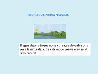 REGRESO AL MEDIO NATURAL
El agua depurada que no se utiliza, se devuelve otra
vez a la naturaleza. De este modo vuelve el agua al
ciclo natural.
 
