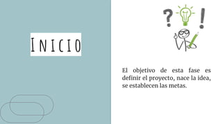 I n i c i o
El objetivo de esta fase es
definir el proyecto, nace la idea,
se establecen las metas.
 