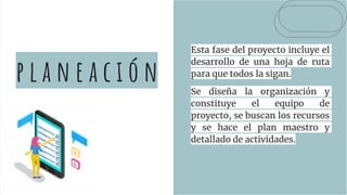 p l a n e a c i ó n
Esta fase del proyecto incluye el
desarrollo de una hoja de ruta
para que todos la sigan.
Se diseña la organización y
constituye el equipo de
proyecto, se buscan los recursos
y se hace el plan maestro y
detallado de actividades.
 