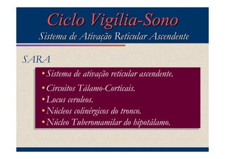 Ciclo Vigília-Sono
  Sistema de Ativação Reticular Ascendente

SARA
    Sistema de ativação reticular ascendente.
  ••Sistema de ativação reticular ascendente.
    Circuitos Tálamo-Corticais.
  ••Circuitos Tálamo-Corticais.
    Locus ceruleos.
  ••Locus ceruleos.
    Núcleos colinérgicos do tronco.
  ••Núcleos colinérgicos do tronco.
    Núcleo Tuberomamilar do hipotálamo.
  ••Núcleo Tuberomamilar do hipotálamo.
 