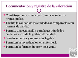 Documentación y registro de la valoración

Constituyen un sistema de comunicación entre
 profesionales.
Facilita la calidad de los cuidados al compararlos con
 normas de calidad
Permite una evaluación para la gestión de los
 cuidados incluida la gestión de calidad.
Son documentos y referencias legales
Permiten la investigación en enfermería
Permiten la formación pre y post grado
 