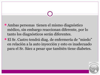 Ambas personas tienen el mismo diagnóstico
 médico, sin embargo reaccionan diferente, por lo
 tanto los diagnósticos serán diferentes.
El Sr. Castro tendrá diag. de enfermería de “miedo”
 en relación a la auto inyección y esto es inadecuado
 para el Sr. Sáez a pesar que también tiene diabetes.
 