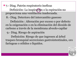 7.- Diag. Patrón respiratorio ineficaz
     Definición: La inspiración o la espiración no
 proporciona una ventilación inadecuada.
  8.- Diag. Deterioro del intercambio gaseoso
      Definición : Alteración por exceso o por defecto
 en la oxigenación o en la eliminación del dioxido de
 carbono a través de la membrana alveolo-capilar
  9.- Diag. Riesgo de aspiración
      Definición: Riesgo de que ingresen al árbol
 traqueo bronquial secreciones gastrointestinales, oro
 faríngeas o sólidos o líquidos.
 