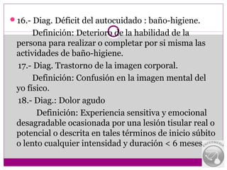 16.- Diag. Déficit del autocuidado : baño-higiene.
      Definición: Deterioro de la habilidad de la
 persona para realizar o completar por si misma las
 actividades de baño-higiene.
 17.- Diag. Trastorno de la imagen corporal.
      Definición: Confusión en la imagen mental del
 yo físico.
 18.- Diag.: Dolor agudo
       Definición: Experiencia sensitiva y emocional
 desagradable ocasionada por una lesión tisular real o
 potencial o descrita en tales términos de inicio súbito
 o lento cualquier intensidad y duración < 6 meses.
 