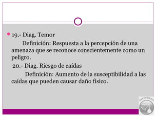 19.- Diag. Temor
     Definición: Respuesta a la percepción de una
 amenaza que se reconoce conscientemente como un
 peligro.
 20.- Diag. Riesgo de caídas
      Definición: Aumento de la susceptibilidad a las
 caídas que pueden causar daño físico.
 