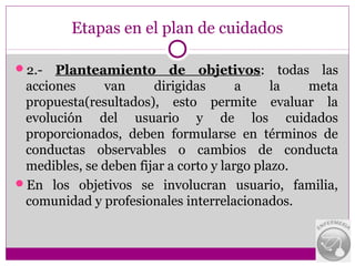 Etapas en el plan de cuidados

2.-  Planteamiento de objetivos: todas las
 acciones     van      dirigidas       a     la  meta
 propuesta(resultados), esto permite evaluar la
 evolución del usuario y de los cuidados
 proporcionados, deben formularse en términos de
 conductas observables o cambios de conducta
 medibles, se deben fijar a corto y largo plazo.
En los objetivos se involucran usuario, familia,
 comunidad y profesionales interrelacionados.
 