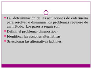 La determinación de las actuaciones de enfermería
 para resolver o disminuir los problemas requiere de
 un método. Los pasos a seguir son:
Definir el problema (diagnóstico)
Identificar las acciones alternativas
Seleccionar las alternativas factibles.
 