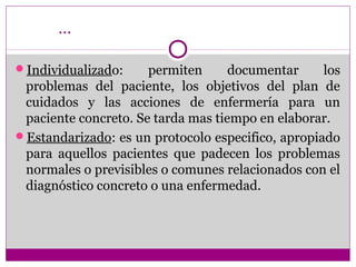 …

Individualizado:     permiten      documentar     los
 problemas del paciente, los objetivos del plan de
 cuidados y las acciones de enfermería para un
 paciente concreto. Se tarda mas tiempo en elaborar.
Estandarizado: es un protocolo especifico, apropiado
 para aquellos pacientes que padecen los problemas
 normales o previsibles o comunes relacionados con el
 diagnóstico concreto o una enfermedad.
 