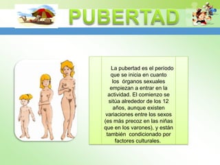 La pubertad es el período
   que se inicia en cuanto
    los órganos sexuales
   empiezan a entrar en la
  actividad. El comienzo se
  sitúa alrededor de los 12
    años, aunque existen
 variaciones entre los sexos
(es más precoz en las niñas
que en los varones), y están
 también condicionado por
     factores culturales.
 