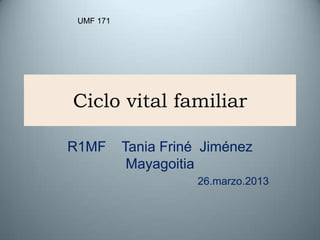 Ciclo vital familiar
R1MF Tania Friné Jiménez
Mayagoitia
26.marzo.2013
UMF 171
 