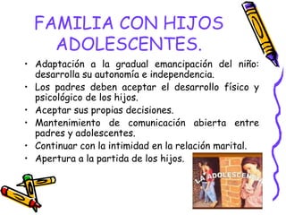 FAMILIA CON HIJOS
ADOLESCENTES.
• Adaptación a la gradual emancipación del niño:
desarrolla su autonomía e independencia.
• Los padres deben aceptar el desarrollo físico y
psicológico de los hijos.
• Aceptar sus propias decisiones.
• Mantenimiento de comunicación abierta entre
padres y adolescentes.
• Continuar con la intimidad en la relación marital.
• Apertura a la partida de los hijos.
 