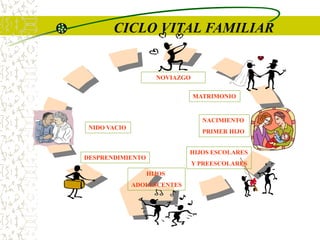 CICLO VITAL FAMILIAR
NOVIAZGO
MATRIMONIO
NACIMIENTO
PRIMER HIJO
HIJOS ESCOLARES
Y PREESCOLARES
HIJOS
ADOLESCENTES
DESPRENDIMIENTO
NIDO VACIO
 