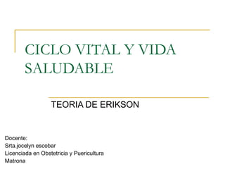 CICLO VITAL Y VIDA
        SALUDABLE

                  TEORIA DE ERIKSON


Docente:
Srta.jocelyn escobar
Licenciada en Obstetricia y Puericultura
Matrona
 