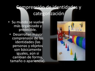 Comprensión de identidades y
categorización
• Su mundo se vuelve
más organizado y
predecible.
• Desarrollan mayor
comprensión de las
identidades (las
personas y objetos
son básicamente
iguales, aún si
cambian de forma,
tamaño o apariencia).
 